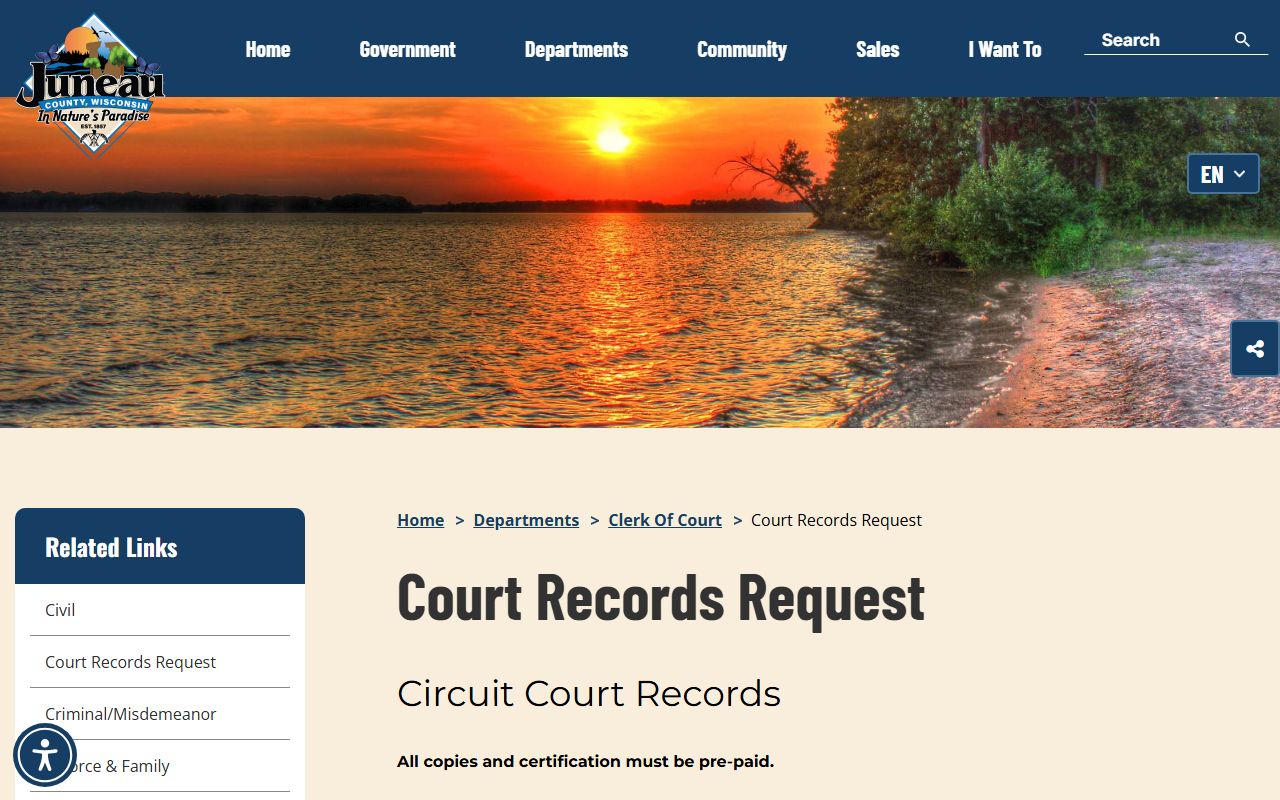 Juneau County court records after arrest copy request page