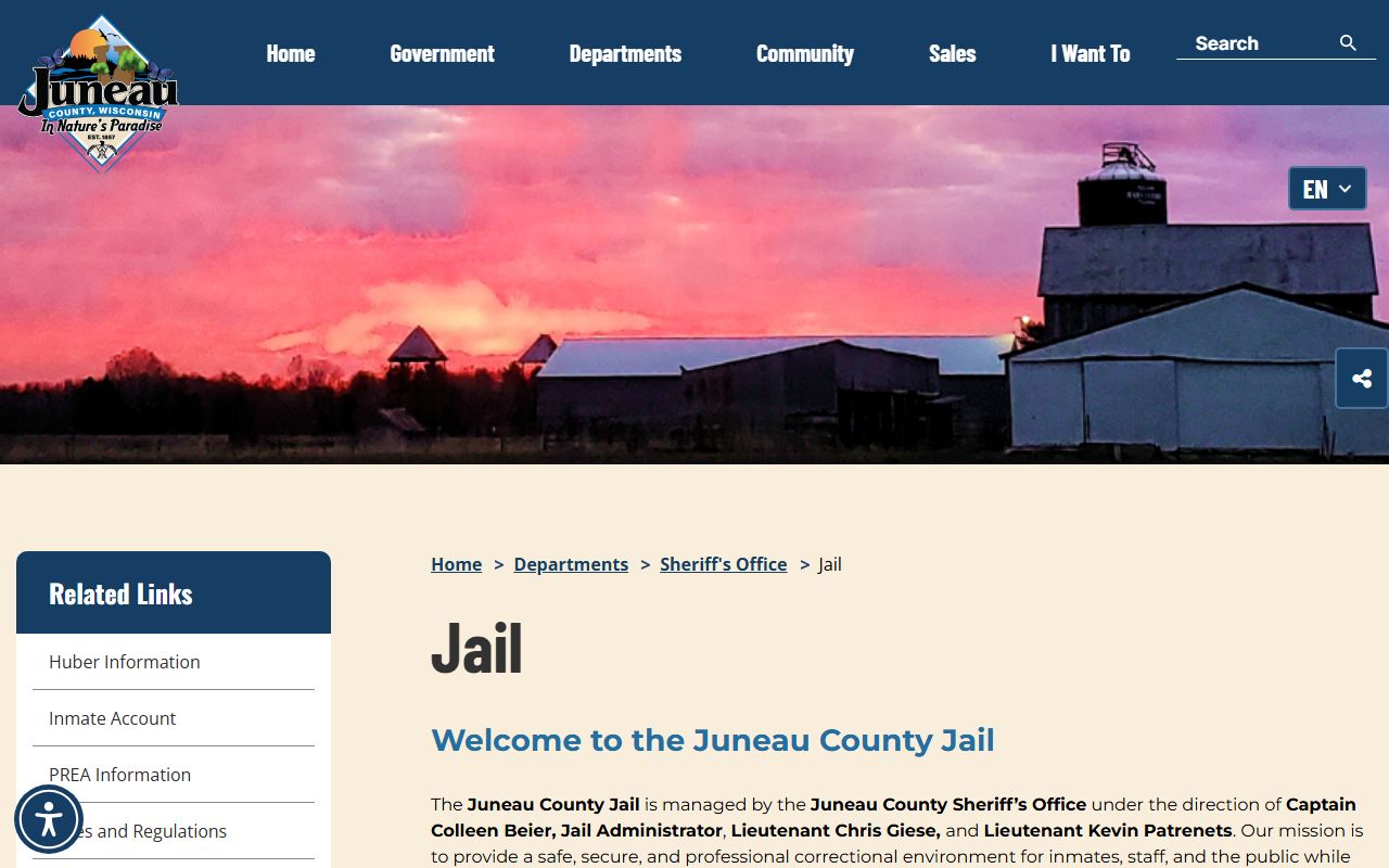 Juneau County Sheriff's Office jail page showing jail information