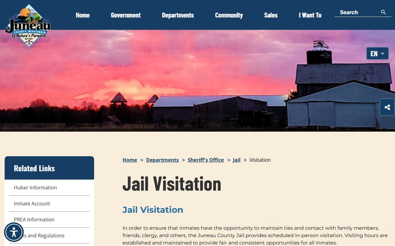 Juneau County Jail visitation page with appointment scheduling instructions